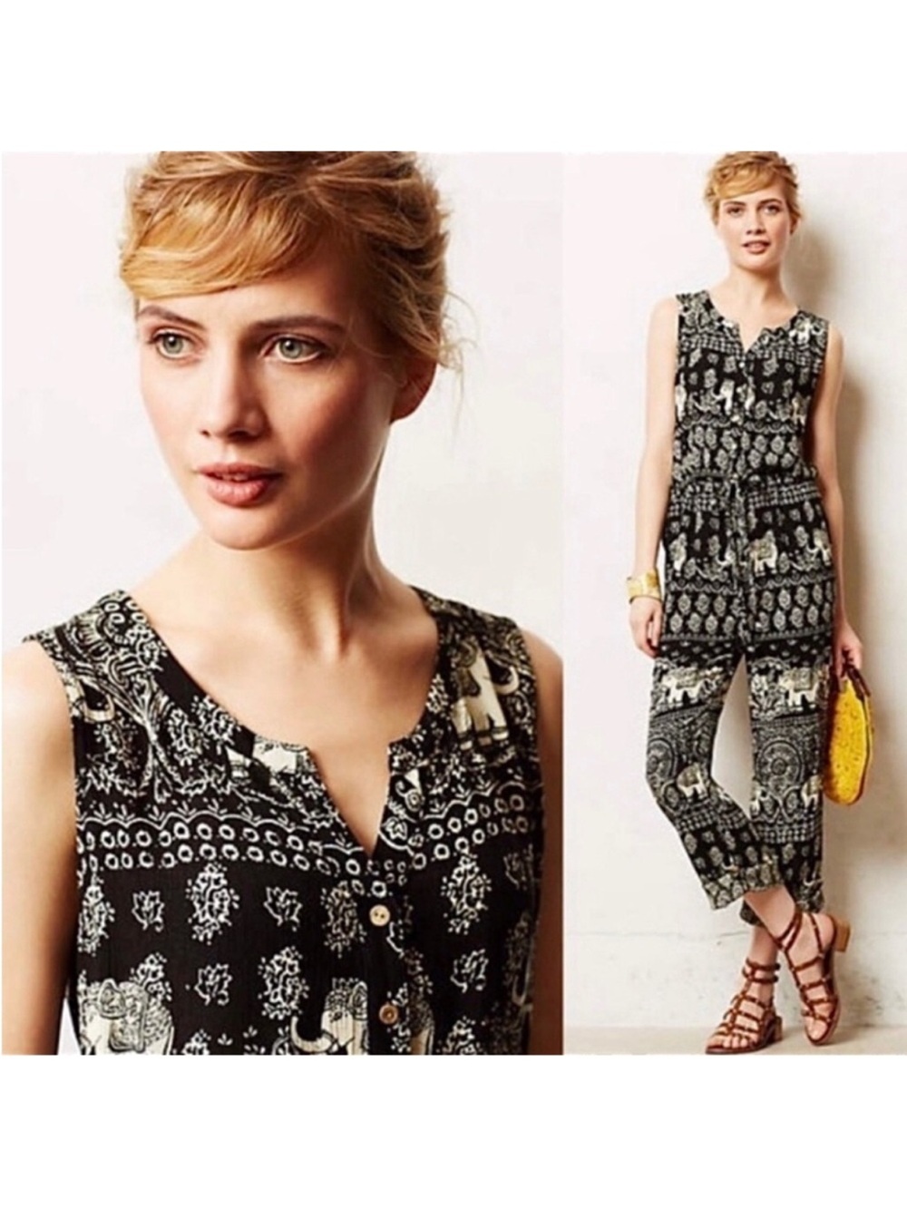 Anthropologie Lilka Black & White Elephant Print Sleeveless Jumpsuit